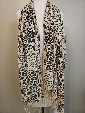 Leopard Print Fringe Scarf - Black, Cream & Brown